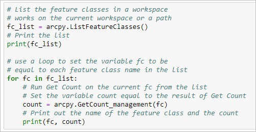 Code zum Auflisten der Feature-Classes im Workspace und zum Zählen der Features