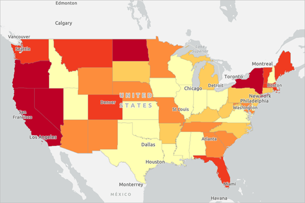 Karte mit Farbschema "Rot nach Gelb", North Dakota ist dunkelrot dargestellt