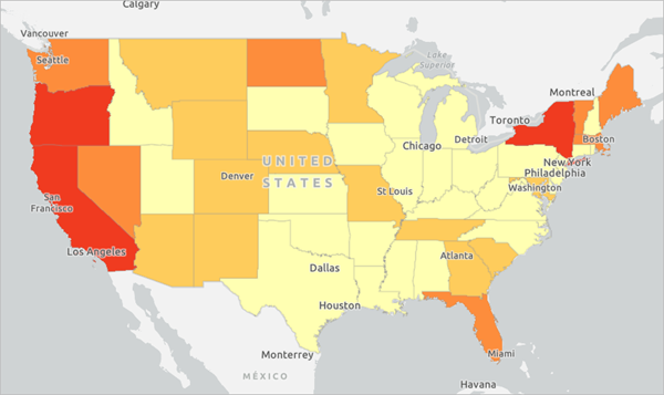 Karte mit Farbschema "Rot nach Gelb", North Dakota ist dunkelorange dargestellt