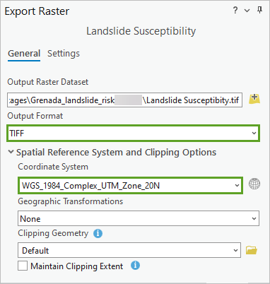 Parameter für "Raster exportieren"