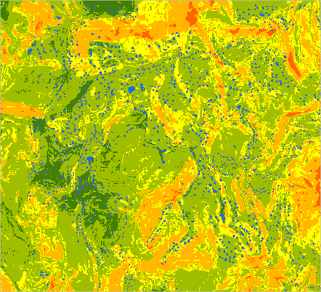 Extrahierte Gebäude dargestellt über dem Layer "Landslide Susceptibility".