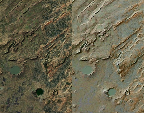 Terrain einmal mit "Ineinanderkopieren" und einmal mit "Luminanz" als Mischmodus der Schummerung