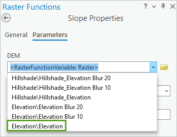 Auf "Elevation" gesetztes DEM im Raster-Funktionsbereich "Neigung Eigenschaften"