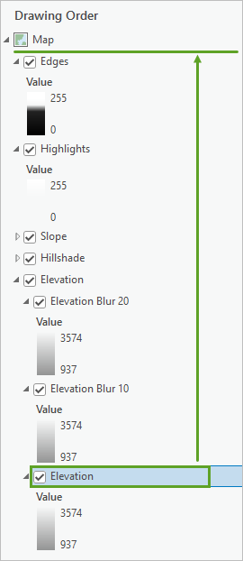 In der Liste der Layer von unten nach oben verschobener Layer "Elevation"