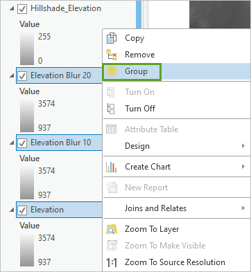 Drei Layer im Bereich "Inhalt" ausgewählt, und die Option "Gruppe" im Layer-Kontextmenü ausgewählt