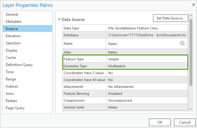 Fenster "Layer-Eigenschaften" mit dem Feature-Typ "Einfach" und dem Geometrietyp "Multipatch"