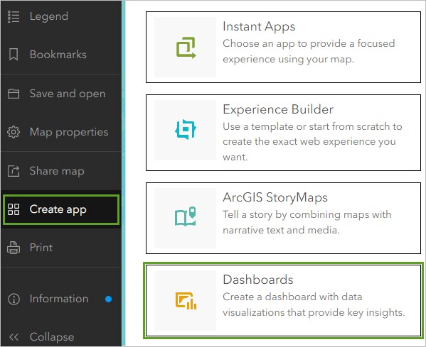 Dashboards im Menü "App erstellen"