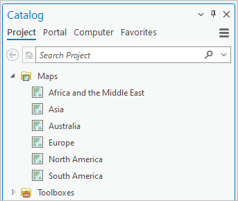 Bereich "Katalog" mit der Registerkarte "Projekt", dem Ordner "Maps" und 6 Karten