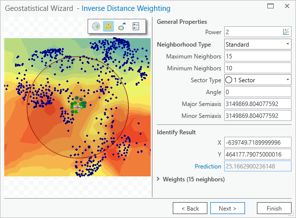 Eigenschaften von "Inverse Distance Weighting" und Kartenvorschau im Geostatistical Wizard