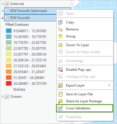 "IDW Smooth Optimized" und "IDW Smooth" im Bereich "Inhalt" und "Cross validation" im Kontextmenü ausgewählt