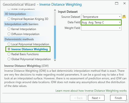 "Inverse Distance Weighting" und "Aug Avg. Temp C" im Geostatistical Wizard