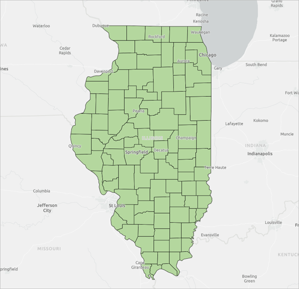 Vergrößerte Kartenansicht mit dem für Illinois gefilterten Layer