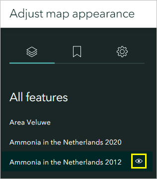 Die Schaltfläche "Sichtbarkeit" für den Layer "Ammonia in the Netherlands 2012"