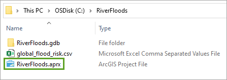 "RiverFloods.aprx" in Windows Explorer