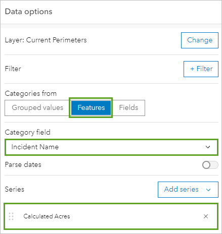 Bereich "Datenoptionen" mit der Festlegung "Features", "Kategoriefeld" mit der Festlegung "Incident Name" und "Reihe" mit der Festlegung "Calculated Acres"