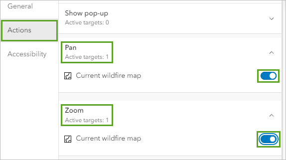 "Current wildfire map" unter "Schwenken und zoomen" auf der Registerkarte "Aktionen" aktiviert