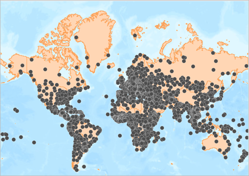 Layer "World Cities" über dem Layer "World Countries (Generalized)"