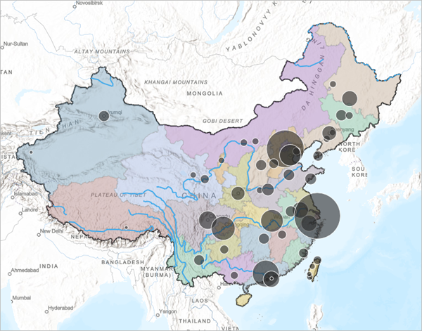 Chinesische Städte mit Symbolisierung nach Bevölkerungsgröße