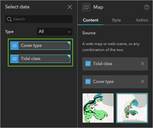 Die Karten "Tidal class" und "Cover type", die dem Bereich "Karte" hinzugefügt wurden