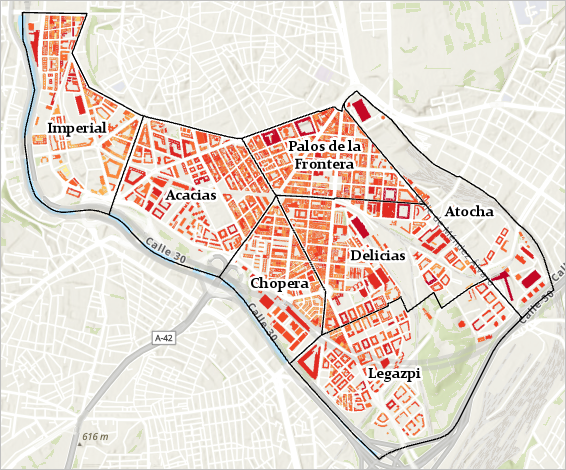 Karte, auf der Gebäude im Stadtteil Imperial in Orange und Rot symbolisiert wurden