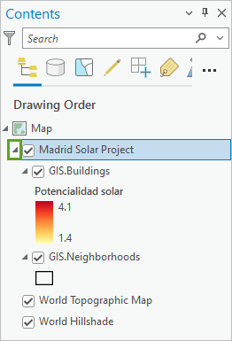 Expander-Schaltfläche neben dem Feature-Layer "Madrid Solar Project"