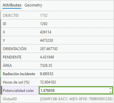 Der Wert für "Potencialidad solar", der im Bereich "Attribute" in 1,876058 geändert wurde