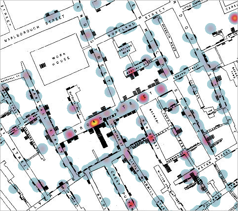 Auf den Heatmap-Style aktualisierte Symbolisierung der Cholera-Fälle