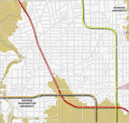 Der Effekt "Schlagschatten" für den Layer "Metro Lines" auf der Karte.