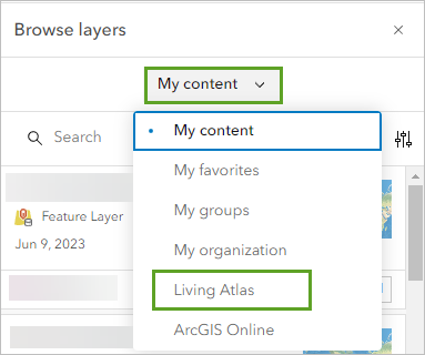 Option "Living Atlas" im Bereich "Layer durchsuchen"