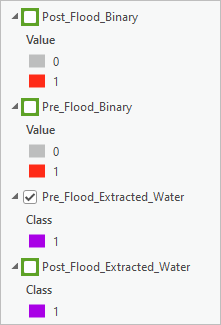 Layer "Post_Flood_Binary", "Pre_Flood_Binary" und "Post_Flood_Extracted_Water" sind deaktiviert.