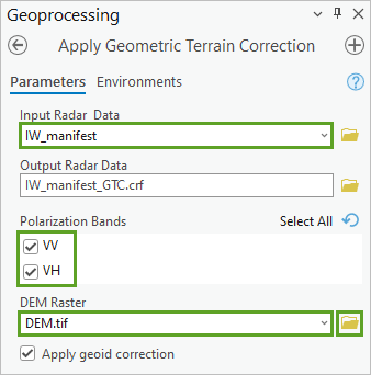 Parameter des Werkzeugs "Geometrische Terrainkorrektur anwenden"