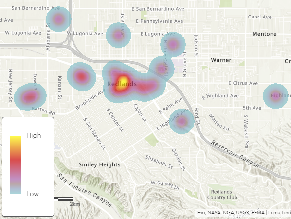 Heatmap wichtiger Orte in Redlands, Kalifornien.