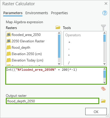 Werkzeug "Raster berechnen" mit eingetragenen Parametern