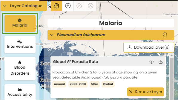"Malaria" in der Liste "Layer Catalogue"