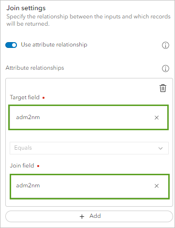 Im Abschnitt "Join-Einstellungen" im Bereich des Werkzeugs "Features verbinden" eingegebene Parameter für "Zielfeld" und "Join-Feld".