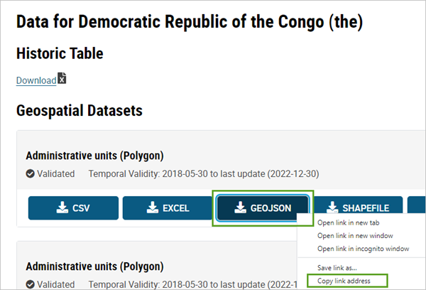 Option "Link-Adresse kopieren" neben der Schaltfläche "GeoJSON" für "Verwaltungseinheiten (Polygon)" im Abschnitt "Räumliche Datasets"