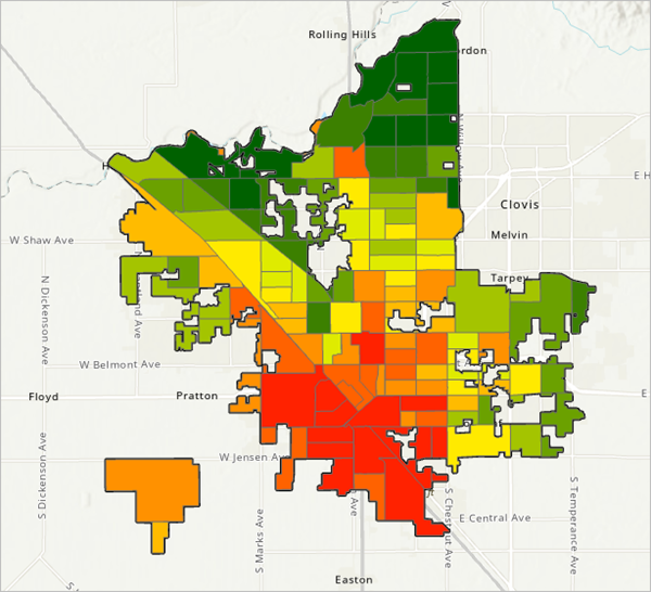 Layer "CalEnviroScreen", auf die Grenzen der Stadt Fresno zugeschnitten