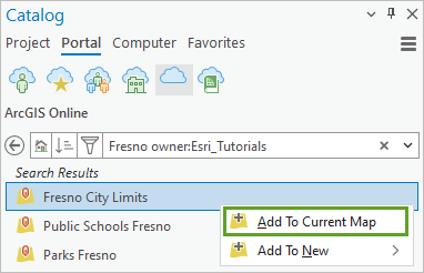 "Zu aktueller Karte hinzufügen" für den Layer "Fresno City Limits"