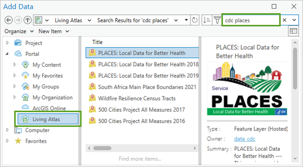 Suche nach "cdc places" im Fenster "Daten hinzufügen"