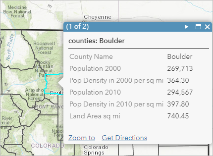 Pop-up mit einem County im Gebiet von Front Range