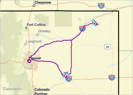 Resultierende Routen von Denver zu den Standorten