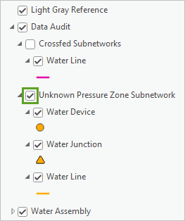 Der aktivierte Layer "Unknown Pressure Zone Subnetwork"