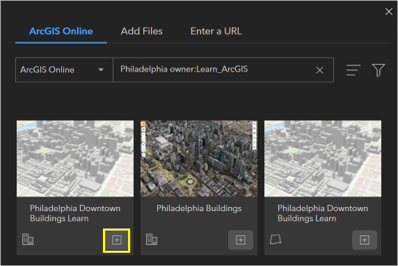 Schaltfläche "Hinzufügen" des Szenen-Layers "Philadelphia Downtown Buildings Learn"