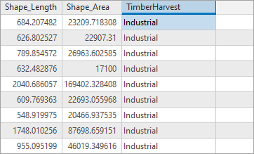 Attributtabelle mit dem Eintrag "Industrial" in allen Zeilen für das Feld "TimberHarvest"