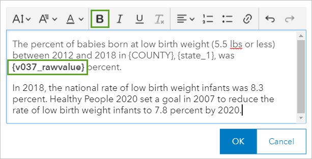 Text für Attribut "% Low birthweight" fett formatiert