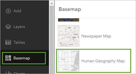 Menü "Grundkarte" mit ausgewählter Option "Humangeographie – Karte"