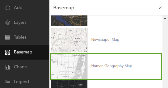 Menü "Grundkarte" mit ausgewählter Option "Humangeographie – Karte"