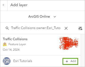 Layer "Traffic Collisions" aus den Suchergebnissen hinzufügen