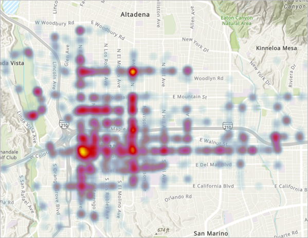 Heatmap der Unfälle in Pasadena, Kalifornien