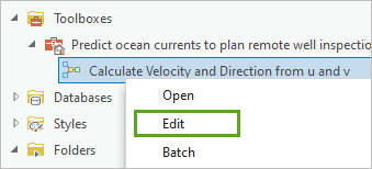 Schaltfläche "Bearbeiten" für das Modell "Calculate Velocity and Direction from u and v" im Bereich "Katalog"